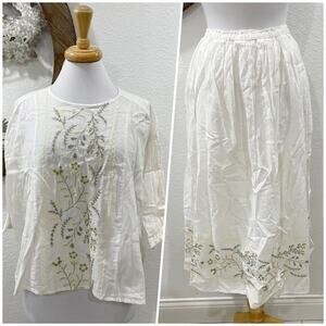 Samansa Mos2 Embroidered Linen Blend Peasant Blouse Maxi Skirt Set Off White